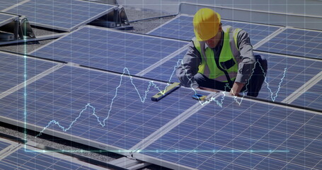 Inspecting helmeted technician leveling panels on rooftop with spirit level, copy space