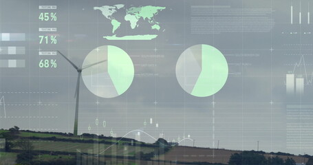 Showing wind turbine on rural hillside farm among hedgerows and fields, with digital data overlays