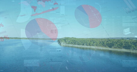 Floating translucent charts and maps with percentage labels above forested shore waterway