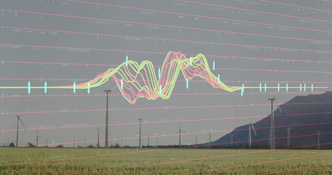 Neon-colored wavy lines forming graph in farmland and mountain ridge, wind turbines and grid lines - Powered by Adobe