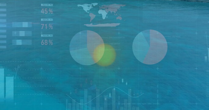 Displaying translucent pie charts over open sea, with world map bar and line graph percentages