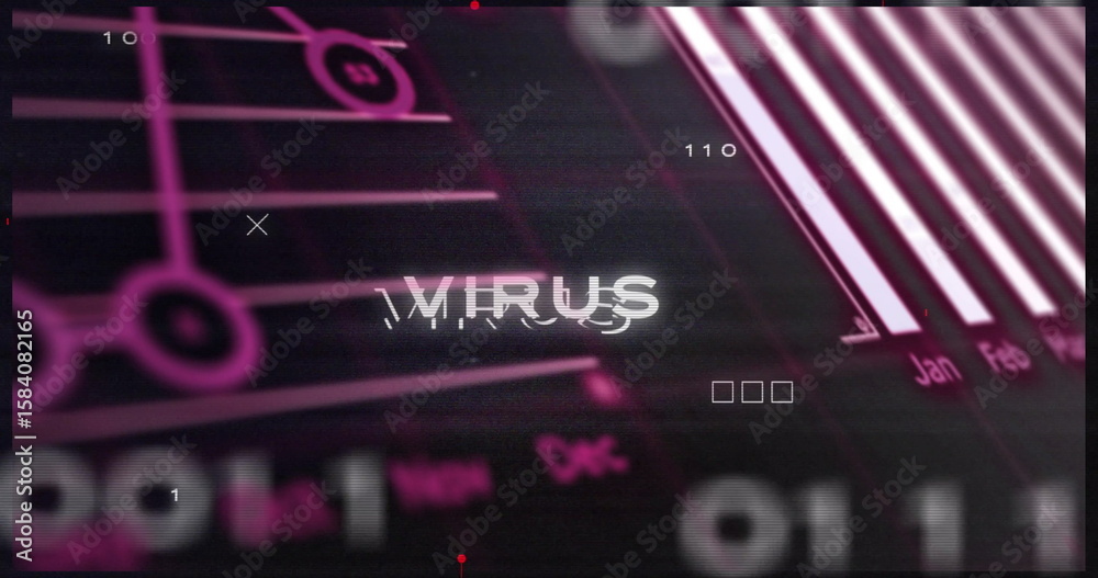Poster Displaying central glitching VIRUS text in security screen, with grid, binary code and bar graphs