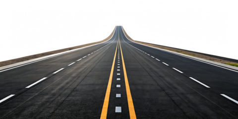 Dark asphalt road with yellow and white lane markings curving upwards isolated on a transparent background