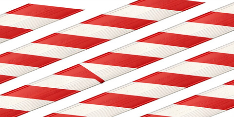 Obraz premium Red and white diagonal striped barrier tape pattern with black stripes isolated on a transparent background