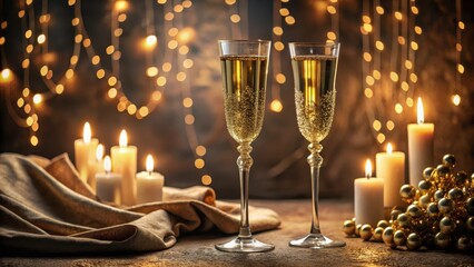 Two Sparkling Champagne Flutes Amidst a Warm and Festive Atmosphere of Glowing Candles and Golden Decorations