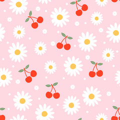 Seamless pattern with red cherry fruit and white daisies on pastel pink background evoking fresh summer and floral vibes.