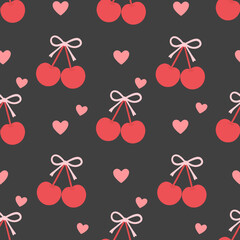 Seamless pattern of red cherry pairs tied with pink bows and pink hearts on dark background. Perfect for romantic, sweet, or kawaii-style designs, fabric, and wrapping paper.