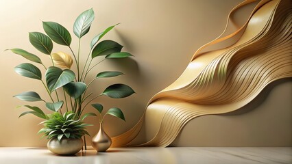 Elegant golden abstract art wall decor with lush green plants in metallic pots