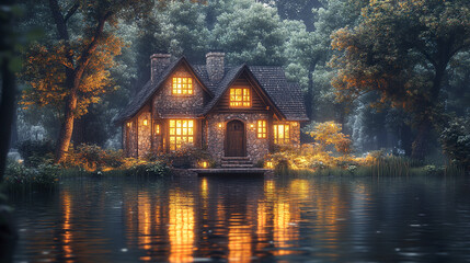 Obraz premium Cozy stone house with warm glowing windows by calm lake surrounded by lush forest trees, creating peaceful and inviting atmosphere in evening light