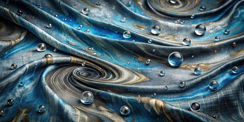Swirling Teal Fabric Draped with Glistening Water Droplets, a Luxurious Textured Surface
