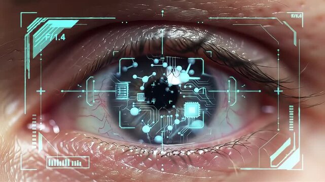 Closeup of Human Eye with Digital Interface Display Showing Technology and Data Visualization