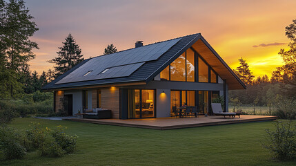 Modern house with solar panels on roof at sunset, large glass windows glowing warmly, surrounded by green lawn and trees, peaceful evening atmosphere