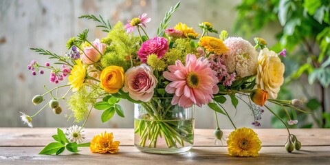 A vibrant springtime bouquet of assorted flowers arranged in a clear glass vase, sitting on a rustic wooden table
