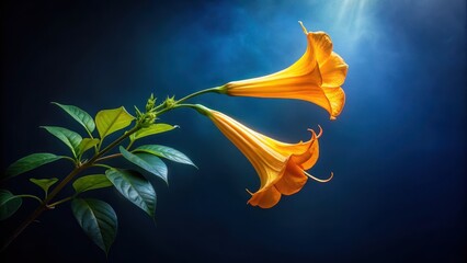 Illuminated Floral Duet Graceful orange blossoms with vibrant green foliage against a deep blue backdrop, bathed in soft light.