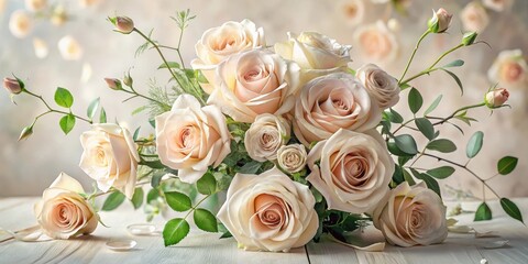 A Delicate Arrangement of Pale Blush Roses, Gracefully Presented on a Light Wooden Surface