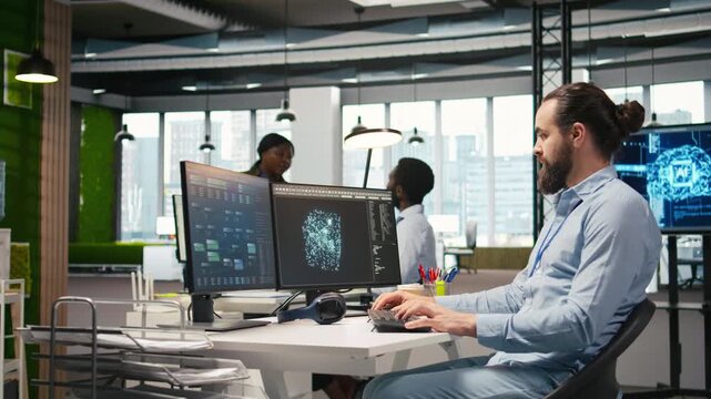 Programmer testing generative AI machine learning algorithms and listening music at work. IT expert wearing headphones scaling productivity with AI large language model written code, camera A