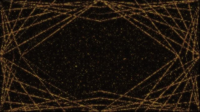 Golden lights backdrop set, decorative retro abstract lines, 8 -second seamless loop video animation, flashing light bulb, wall of lights motion graphics.