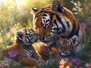 Obraz premium A tender mother tiger shares a gentle, loving nuzzle with her two adorable cubs amidst a field of colorful wildflowers, basking in the warm, golden sunlight of a peaceful day
