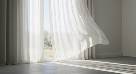 Partially open window with sheer white curtain and sunlight casting soft shadow on empty floor