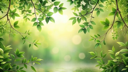 Obraz premium Serene Springtime Vista Lush Green Foliage Framing a Tranquil Water Scene with Soft Sunlight and Gentle Bokeh Effects