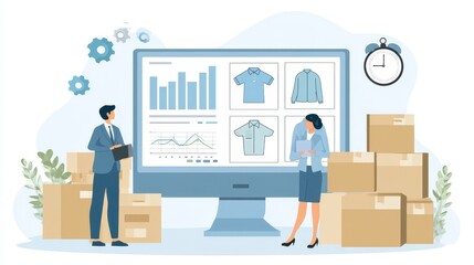 Businesspeople review online apparel sales data and shipping.