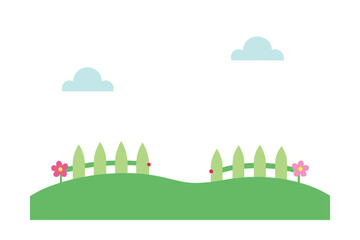Grassy Hill With Picket Fence And Pastel Flowers