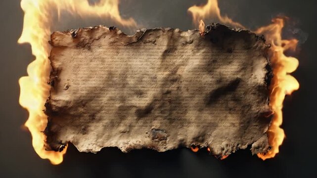 Burning ancient manuscript with flames and smoke, old paper texture in fire with space for text or