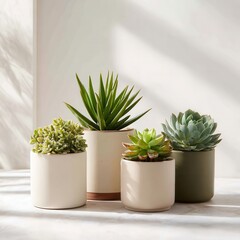 Obraz premium Four Potted Succulents Against a White Background