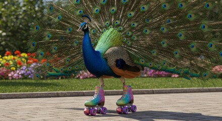 Obraz premium Peacock wearing colorful roller skates in a vibrant garden setting.