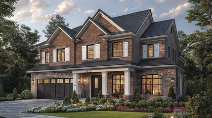 Two story suburban house with classic brick exterior, black roof, and large windows surrounded by lush garden and trees under partly cloudy sky at dusk