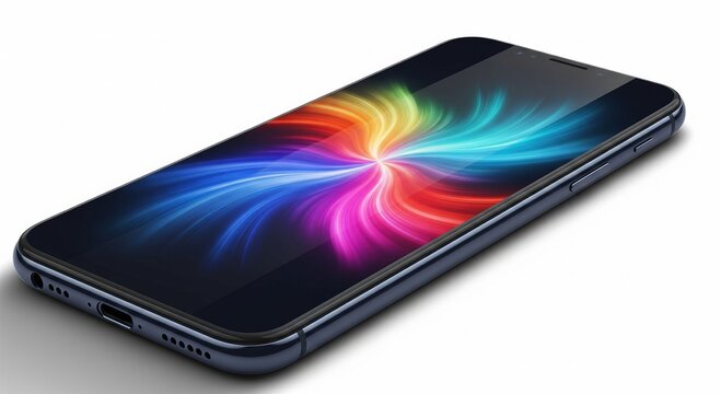 A smartphone with colorful screen on the white background