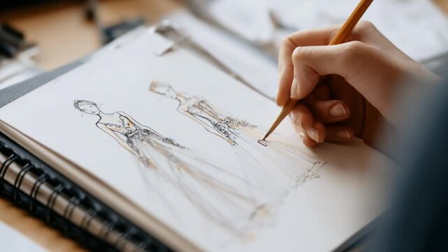 Fashion designer drawing and sketching dress designs for haute couture on paper notepad in fashion