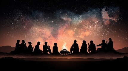 Silhouette of people gathered around a campfire under a starry night sky.