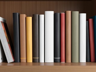 Naklejka premium A bookshelf filled with various colored books standing upright on a wooden shelf in a home library