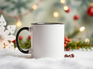 White mug with black handle on faux snow with christmas decorations in the background bokeh lights