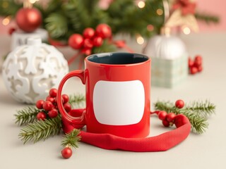 Festive red mug with blank label surrounded by christmas decorations on a bright surface