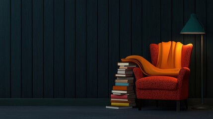 Cozy Reading Corner with Bright Orange Chair and Stacked Books in Dark Interior