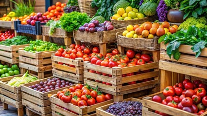Obraz premium A bountiful display of fresh produce in rustic wooden crates, showcasing a vibrant array of seasonal fruits and vegetables