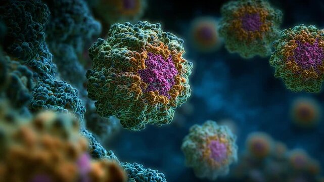 Medical visualization of pathogen cells, coronavirus, flu, aids, ebola, hiv, zika virus under