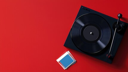 Classic Vinyl Record Player on Red Background with Colorful Music Covers