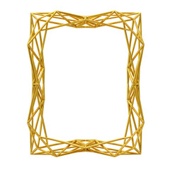 A decorative golden frame featuring a complex geometric lattice structure. This abstract 3D rendered object is isolated on a white background, perfect for modern design.