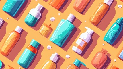 Colorful Bottles and Containers Pattern for Cosmetic and Health Products Background