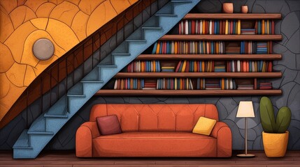 Obraz premium Cozy living room with bookshelf, modern staircase, comfortable couch and lamp