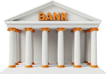 Neoclassical bank building with orange lettering on facade and ionic columns isolated on black transparent background