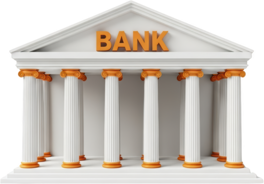 Neoclassical bank building with orange lettering on facade and ionic columns isolated on black transparent background