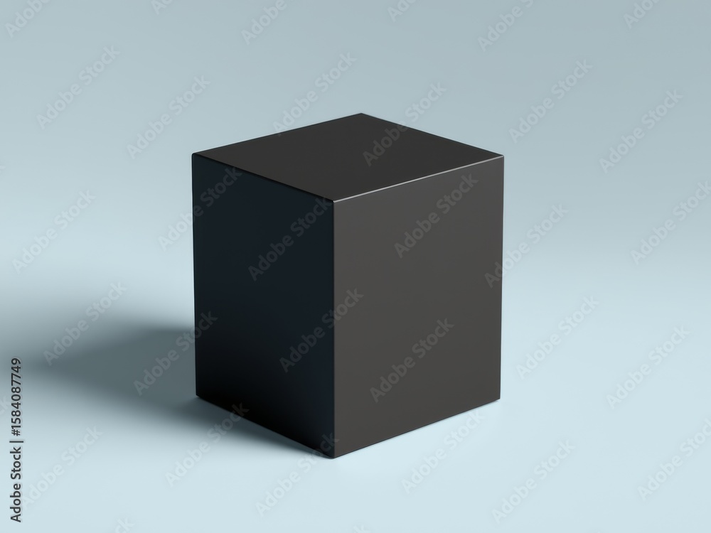 Fototapete a dark gray rectangular prism standing upright on a light blue surface in a studio setting view shot