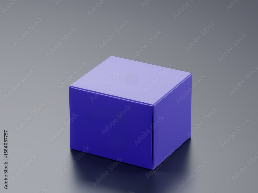 Poster a single purple cube resting on a gray surface in a studio setting with soft lighting and reflection