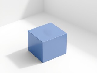 A single light blue cube sitting on a white surface with a white background and soft shadows around it