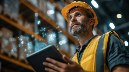 Warehouse Supervisor and Digital Tablet: An industrious warehouse supervisor, adorned with a hardhat and safety vest, meticulously inspects inventory data on a digital tablet.