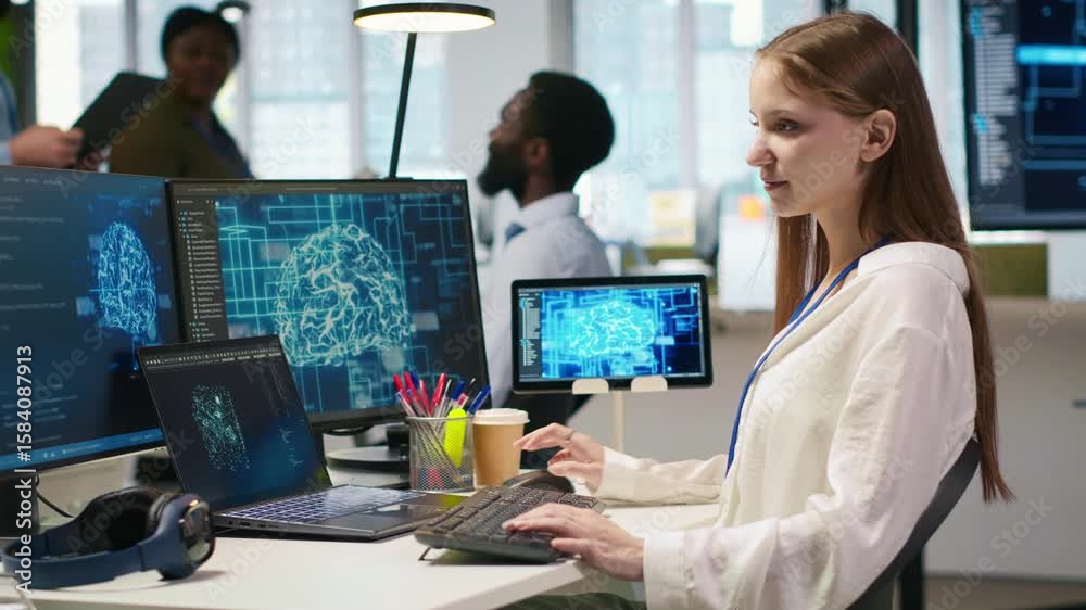 Poster it expert in high tech startup office uses neural networks to develop artificial intelligence models